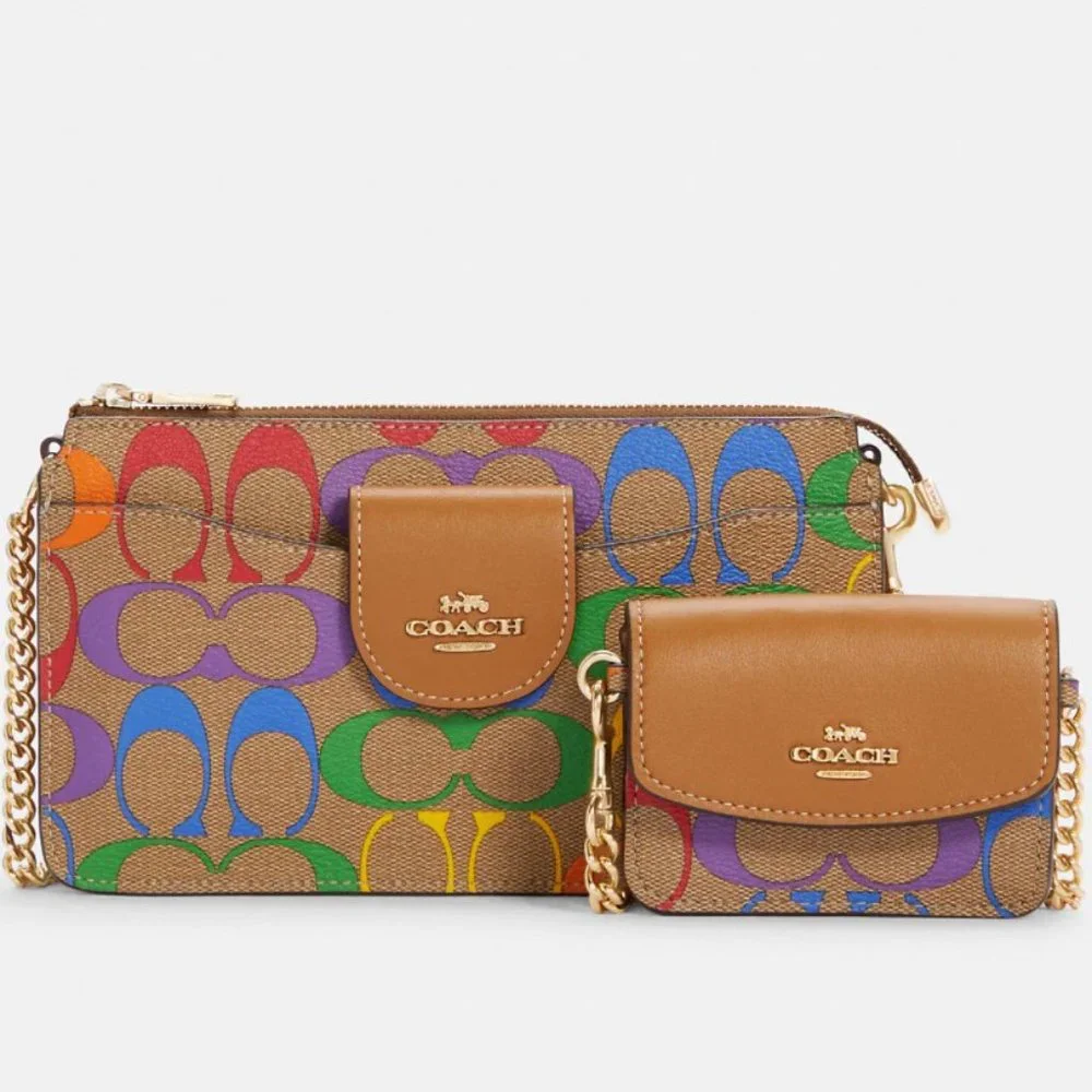 Coach Poppy Crossbody In Rainbow Signature Canvas Textile Leather Double purse - Picture 6 of 11